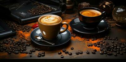 AI generated Two cups of coffee with coffee beans on a wooden table. photo