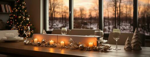 AI generated Christmas tree with candles and decorations on wooden table photo