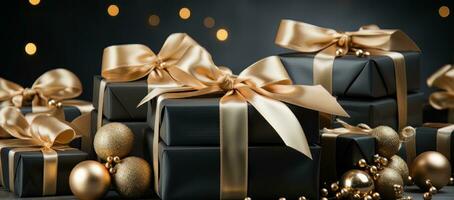 AI generated Black gift boxes with ribbon and bow photo