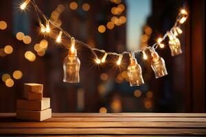 AI generated Bokeh lights wood background. photo