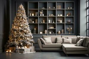 AI generated living room with christmas tree photo