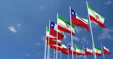 Chile and Iran Flags Waving Together in the Sky, Seamless Loop in Wind, Space on Left Side for Design or Information, 3D Rendering video