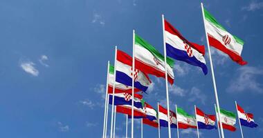 Croatia and Iran Flags Waving Together in the Sky, Seamless Loop in Wind, Space on Left Side for Design or Information, 3D Rendering video