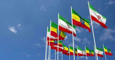 Ethiopia and Iran Flags Waving Together in the Sky, Seamless Loop in Wind, Space on Left Side for Design or Information, 3D Rendering video