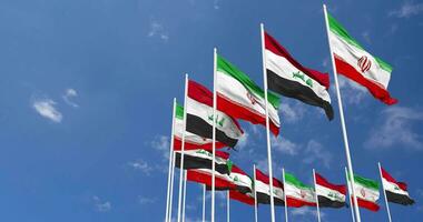 Iraq and Iran Flags Waving Together in the Sky, Seamless Loop in Wind, Space on Left Side for Design or Information, 3D Rendering video