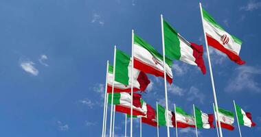 Italy and Iran Flags Waving Together in the Sky, Seamless Loop in Wind, Space on Left Side for Design or Information, 3D Rendering video