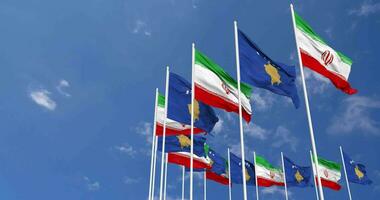 Kosovo and Iran Flags Waving Together in the Sky, Seamless Loop in Wind, Space on Left Side for Design or Information, 3D Rendering video