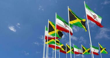 Jamaica and Iran Flags Waving Together in the Sky, Seamless Loop in Wind, Space on Left Side for Design or Information, 3D Rendering video