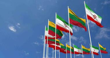 Lithuania and Iran Flags Waving Together in the Sky, Seamless Loop in Wind, Space on Left Side for Design or Information, 3D Rendering video
