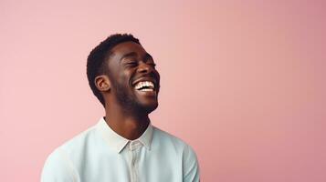 AI generated Laughing Black Man isolated on Minimalist Background. DEIB, Diversity, Equity, Inclusion, Belonging photo