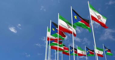 South Sudan and Iran Flags Waving Together in the Sky, Seamless Loop in Wind, Space on Left Side for Design or Information, 3D Rendering video