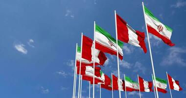 Peru and Iran Flags Waving Together in the Sky, Seamless Loop in Wind, Space on Left Side for Design or Information, 3D Rendering video