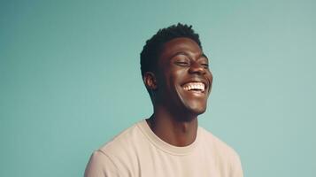 AI generated Laughing Black Man isolated on Minimalist Background. DEIB, Diversity, Equity, Inclusion, Belonging photo