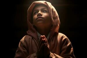 AI generated A Young Boy Praying in a Dark Room photo