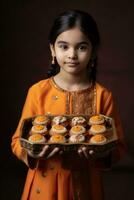 AI generated A young girl in an orange dress presents a tray of delicious treats. photo