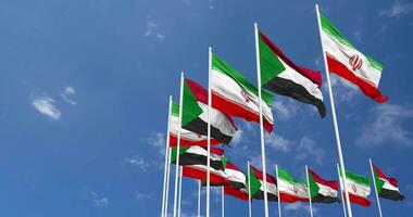 Sudan and Iran Flags Waving Together in the Sky, Seamless Loop in Wind, Space on Left Side for Design or Information, 3D Rendering video