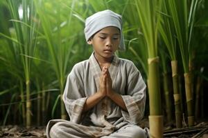 AI generated A young Buddhist monk meditating in a field of tall grass. photo