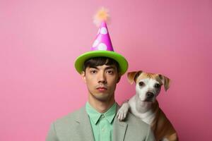 ai generado el hombre con un fiesta sombrero y su perro foto