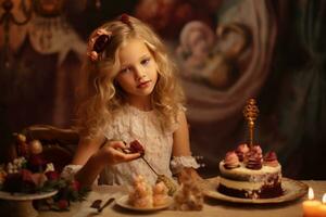 ai generado un pequeño niña disfruta decorando y comiendo pastel foto