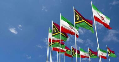 Vanuatu and Iran Flags Waving Together in the Sky, Seamless Loop in Wind, Space on Left Side for Design or Information, 3D Rendering video