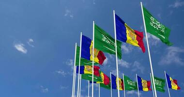 Andorra and KSA, Kingdom of Saudi Arabia Flags Waving Together in the Sky, Seamless Loop in Wind, Space on Left Side for Design or Information, 3D Rendering video