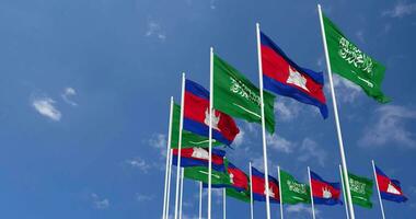 Camboja e ksa, reino do saudita arábia bandeiras acenando juntos dentro a céu, desatado ciclo dentro vento, espaço em esquerda lado para Projeto ou Informação, 3d Renderização video