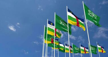 Central African Republic and KSA, Kingdom of Saudi Arabia Flags Waving Together in the Sky, Seamless Loop in Wind, Space on Left Side for Design or Information, 3D Rendering video