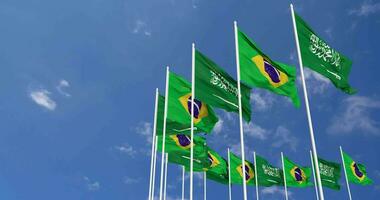 Brazil and KSA, Kingdom of Saudi Arabia Flags Waving Together in the Sky, Seamless Loop in Wind, Space on Left Side for Design or Information, 3D Rendering video