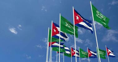 Cuba et ksa, Royaume de saoudien Saoudite drapeaux agitant ensemble dans le ciel, sans couture boucle dans vent, espace sur la gauche côté pour conception ou information, 3d le rendu video