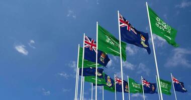 Cayman Islands and KSA, Kingdom of Saudi Arabia Flags Waving Together in the Sky, Seamless Loop in Wind, Space on Left Side for Design or Information, 3D Rendering video