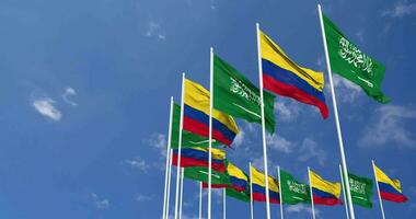 Colombia and KSA, Kingdom of Saudi Arabia Flags Waving Together in the Sky, Seamless Loop in Wind, Space on Left Side for Design or Information, 3D Rendering video