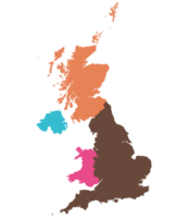 vereinigt Königreich Regionen Karte. Karte von vereinigt Königreich geteilt in England, Nord Irland, Schottland und Wales Länder. png