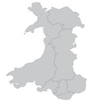Gales mapa. mapa de Gales dividido en principal regiones en gris color png
