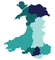 wales Karta. Karta av wales dividerat in i huvud regioner png