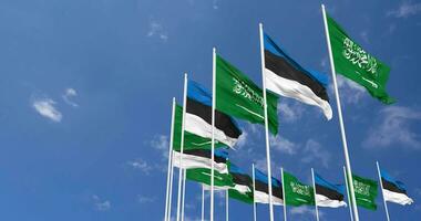 Estonia and KSA, Kingdom of Saudi Arabia Flags Waving Together in the Sky, Seamless Loop in Wind, Space on Left Side for Design or Information, 3D Rendering video