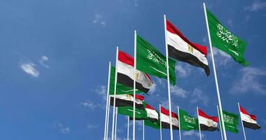 Egypt and KSA, Kingdom of Saudi Arabia Flags Waving Together in the Sky, Seamless Loop in Wind, Space on Left Side for Design or Information, 3D Rendering video