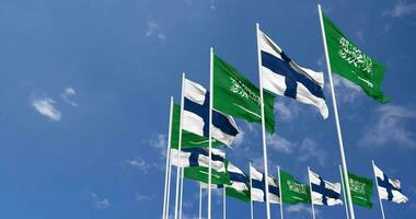 Finland and KSA, Kingdom of Saudi Arabia Flags Waving Together in the Sky, Seamless Loop in Wind, Space on Left Side for Design or Information, 3D Rendering video