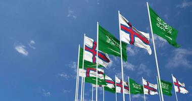 Faroe Islands and KSA, Kingdom of Saudi Arabia Flags Waving Together in the Sky, Seamless Loop in Wind, Space on Left Side for Design or Information, 3D Rendering video