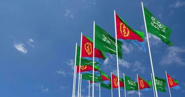 eritrea och ksa, rike av saudi arabien flaggor vinka tillsammans i de himmel, sömlös slinga i vind, Plats på vänster sida för design eller information, 3d tolkning video