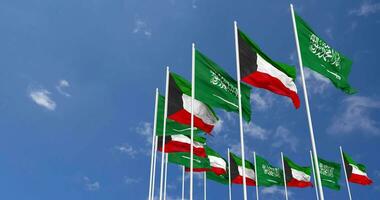 Kuwait and KSA, Kingdom of Saudi Arabia Flags Waving Together in the Sky, Seamless Loop in Wind, Space on Left Side for Design or Information, 3D Rendering video