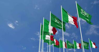 Italy and KSA, Kingdom of Saudi Arabia Flags Waving Together in the Sky, Seamless Loop in Wind, Space on Left Side for Design or Information, 3D Rendering video