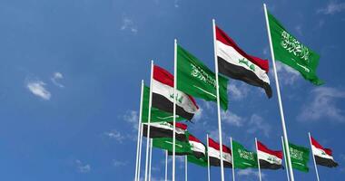 Iraq and KSA, Kingdom of Saudi Arabia Flags Waving Together in the Sky, Seamless Loop in Wind, Space on Left Side for Design or Information, 3D Rendering video