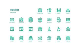 Building architecture public service urban detailed green color icon set vector