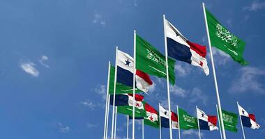 Panama and KSA, Kingdom of Saudi Arabia Flags Waving Together in the Sky, Seamless Loop in Wind, Space on Left Side for Design or Information, 3D Rendering video