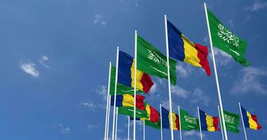 Romania and KSA, Kingdom of Saudi Arabia Flags Waving Together in the Sky, Seamless Loop in Wind, Space on Left Side for Design or Information, 3D Rendering video