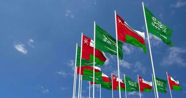 Oman and KSA, Kingdom of Saudi Arabia Flags Waving Together in the Sky, Seamless Loop in Wind, Space on Left Side for Design or Information, 3D Rendering video