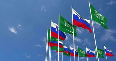 Slovenia and KSA, Kingdom of Saudi Arabia Flags Waving Together in the Sky, Seamless Loop in Wind, Space on Left Side for Design or Information, 3D Rendering video