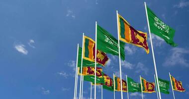 Sri Lanka and KSA, Kingdom of Saudi Arabia Flags Waving Together in the Sky, Seamless Loop in Wind, Space on Left Side for Design or Information, 3D Rendering video