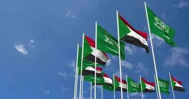 Sudan and KSA, Kingdom of Saudi Arabia Flags Waving Together in the Sky, Seamless Loop in Wind, Space on Left Side for Design or Information, 3D Rendering video