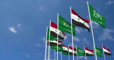 Syria and KSA, Kingdom of Saudi Arabia Flags Waving Together in the Sky, Seamless Loop in Wind, Space on Left Side for Design or Information, 3D Rendering video